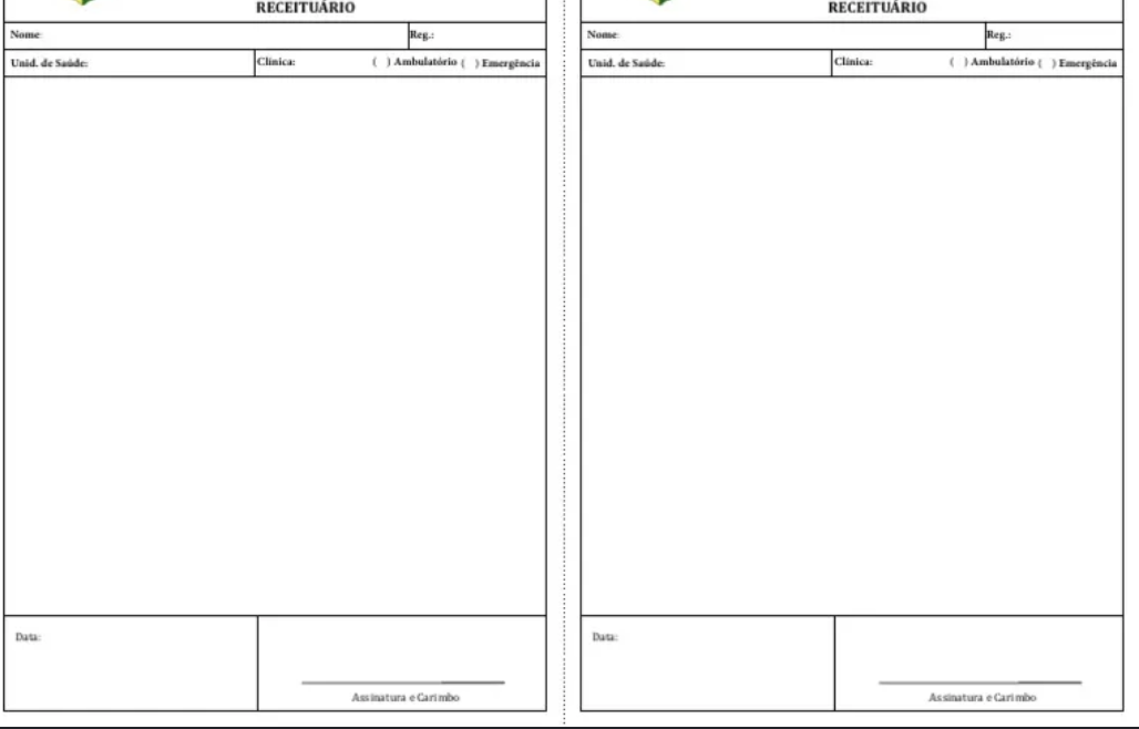 Formulário de receituário em branco, em duas vias lado a lado, com os campos Nome, Reg., Unidade de Saúde, Clínica, Ambulatório ou Emergência, um espaço grande para a prescrição, Data e Assinatura e Carimbo